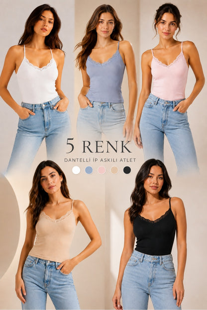 5'li Paket Kadın Pamuklu İnce Askılı Dantel Detaylı Bisiklet Yaka Ribana Esnek Atlet Günlük Rahat İç Giyim Çoklu Set - SYH-BYZ-TN-PMB-Gİ - Görsel 1