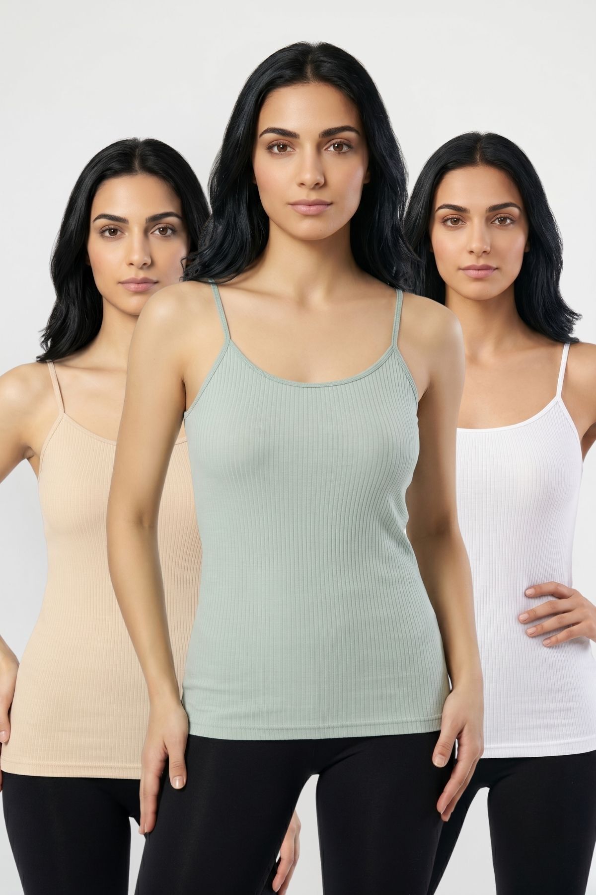 3'lü Paket Kadın %95 Pamuklu İp Askılı Ribana Atlet Esnek Nefes Alan Kumaş Günlük Basic İç Giyim Vücudu Saran Kaşkorse Tarzı Üçlü Set - BYZ-TN-YŞ - Görsel 1