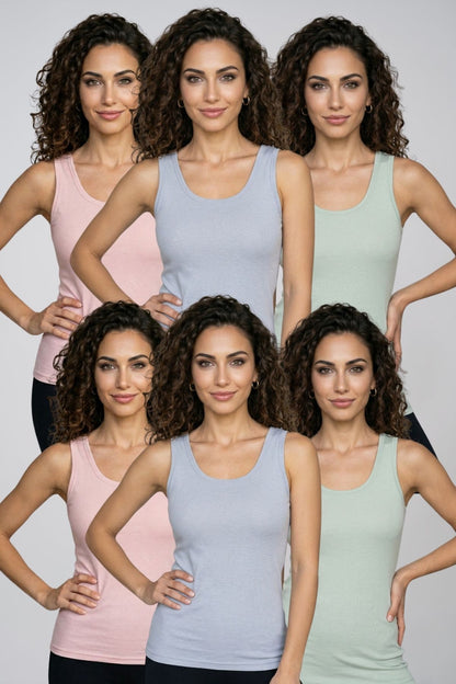 Kadın 6'lı Paket Kalın Askılı U Yaka Pamuklu Basic Atlet - Ekstra Biyeli Esnek Terletmez Günlük Mega İç Giyim Seti - PUDRA-MAVİ-YEŞİL - Görsel 1