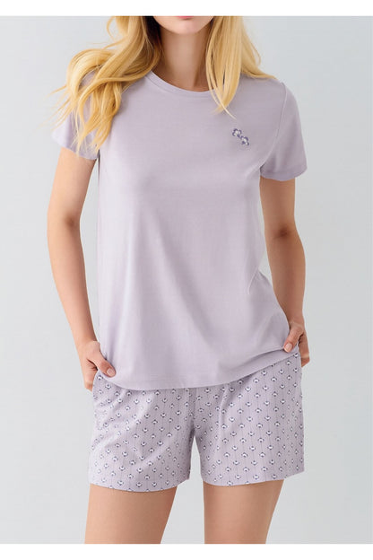 Kadın Lila Pamuklu Şortlu Pijama Takımı - Kısa Kollu Desenli Şort Set