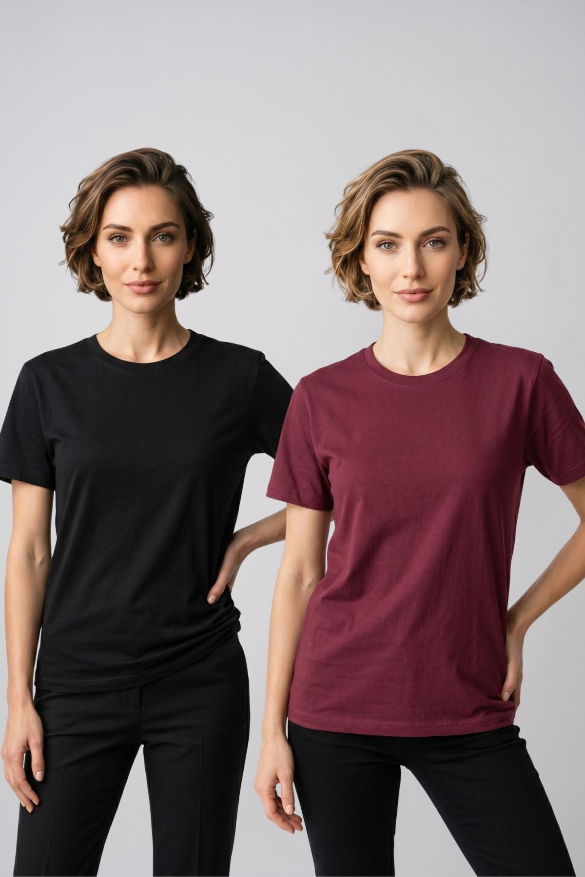 Kadın 2'li Paket Basic Bisiklet Yaka Kısa Kollu Tişört - Günlük Rahat Kesim T-Shirt