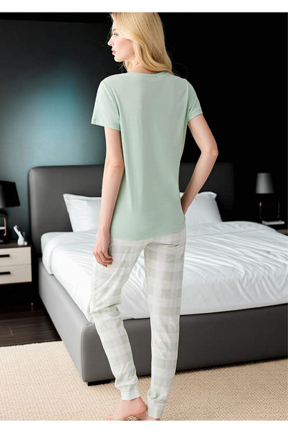 Kadın Mint Yeşili Sunsets Baskılı Pijama Takımı - Ekoseli Pantolonlu Pamuklu Set