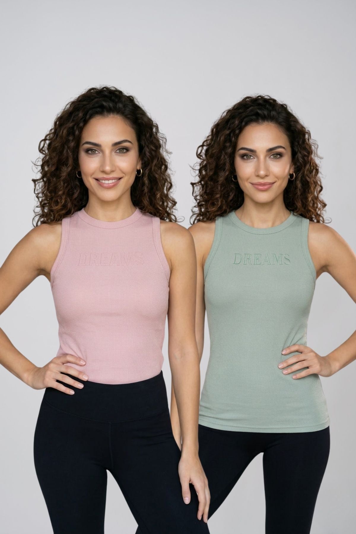 Kadın 2'li Paket Pamuklu Kaşkorse Kalın Askılı Bisiklet Yaka Önü Yazı Baskılı Esnek Dar Kesim Slim Fit Spor ve Günlük Atlet Seti - PUDRA-YEŞİL - Görsel 1