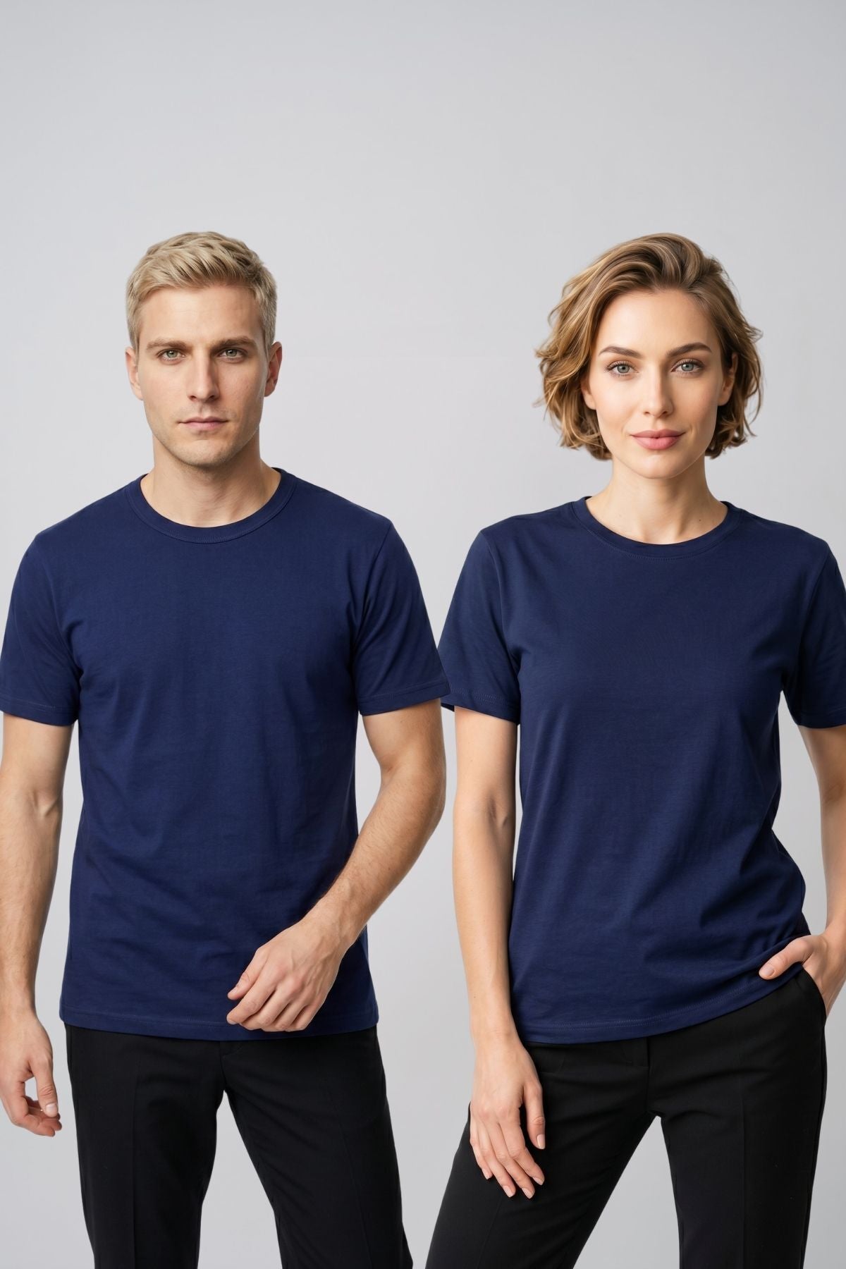 Çift Kombini 2'li Set Bisiklet Yaka Kısa Kollu Basic Tişört - Pamuklu Likralı Esnek Rahat Kesim Günlük Sevgili T-Shirt