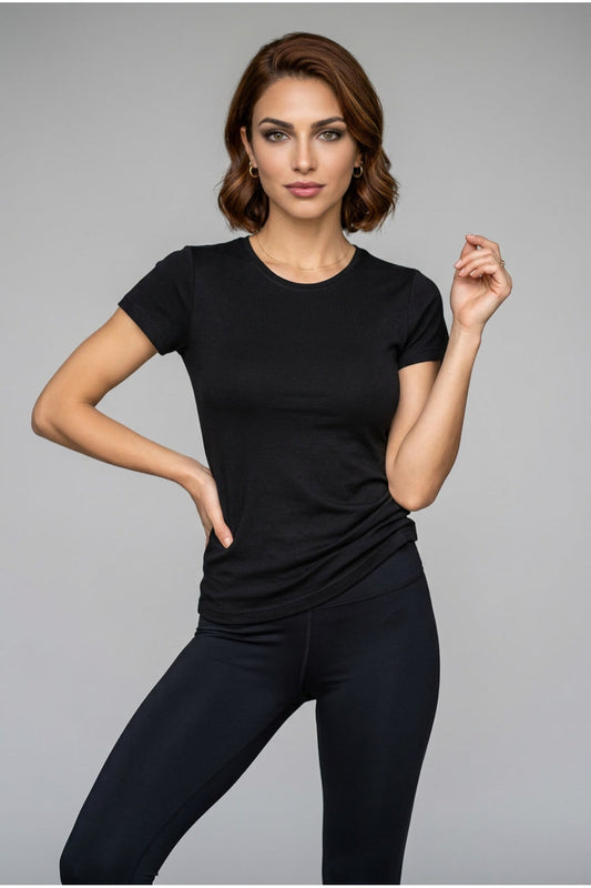 Kadın Bisiklet Yaka Kısa Kollu Pamuklu Basic Tişört Esnek Vücudu Saran Rahat Günlük T-Shirt