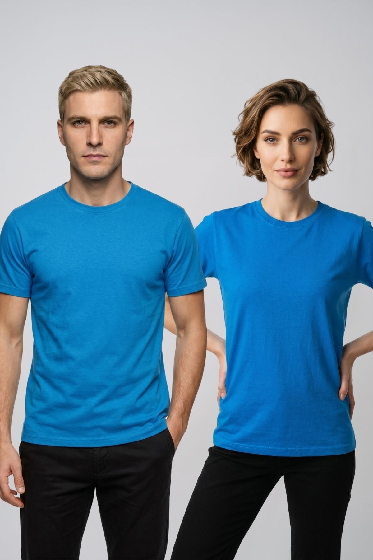 Çift Kombini 2'li Set Bisiklet Yaka Kısa Kollu Basic Tişört - Pamuklu Likralı Esnek Rahat Kesim Günlük Sevgili T-Shirt