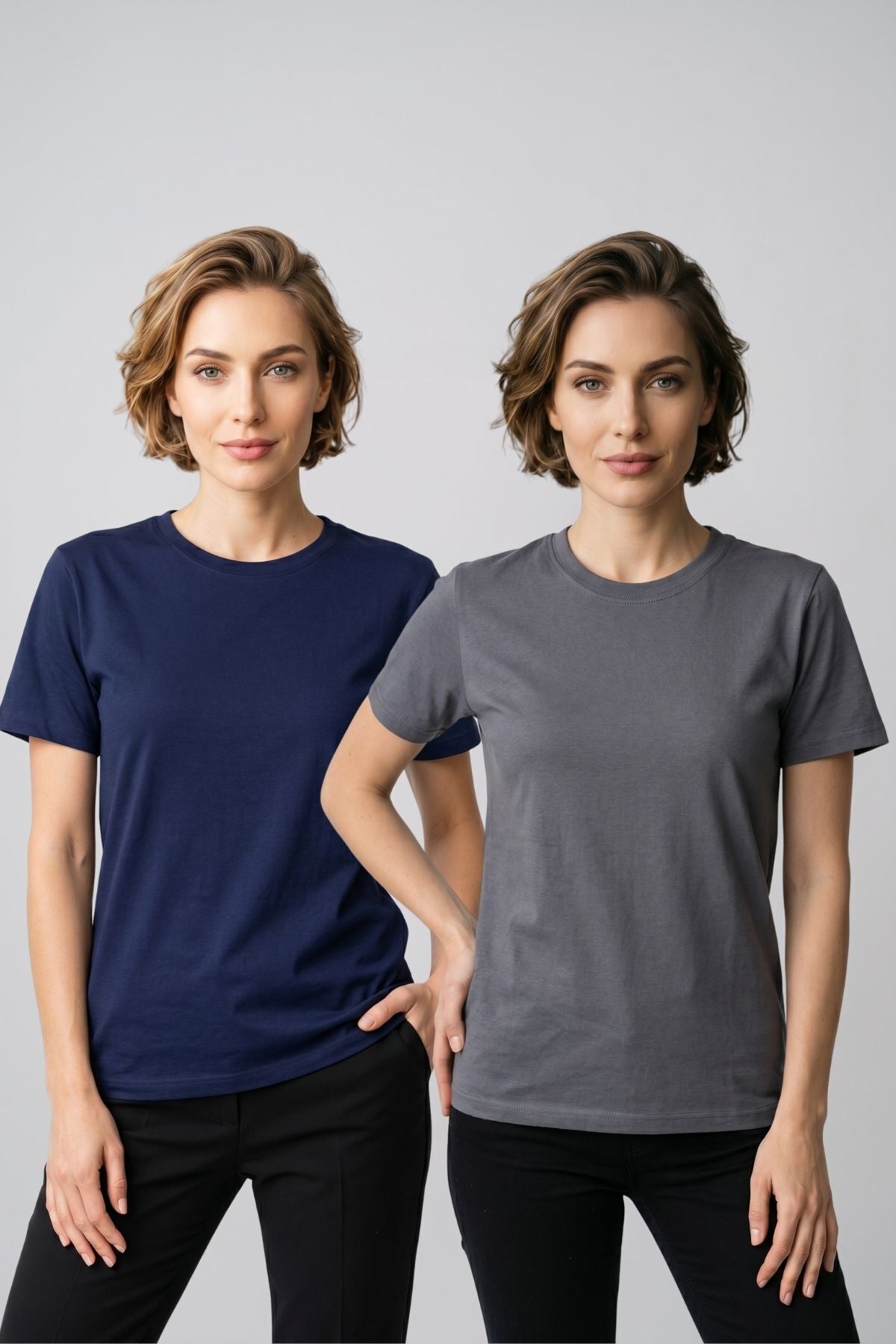 Kadın 2'li Paket Basic Bisiklet Yaka Kısa Kollu Tişört - Günlük Rahat Kesim T-Shirt