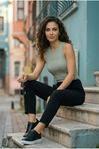 Kadın Pamuklu Kaşkorse Kalın Askılı Bisiklet Yaka Önü Yazı Baskılı Esnek Dar Kesim Slim Fit Spor ve Günlük Atlet