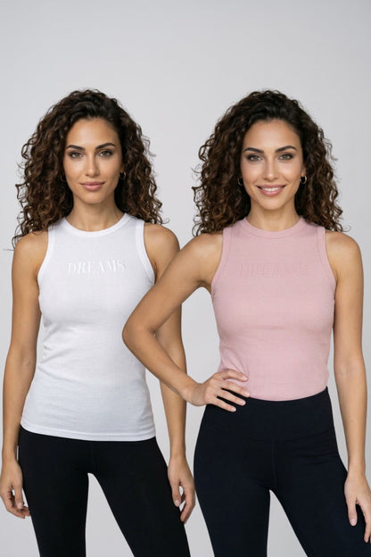 Kadın 2'li Paket Pamuklu Kaşkorse Kalın Askılı Bisiklet Yaka Önü Yazı Baskılı Esnek Dar Kesim Slim Fit Spor ve Günlük Atlet Seti - BEYAZ-PUDRA - Görsel 1