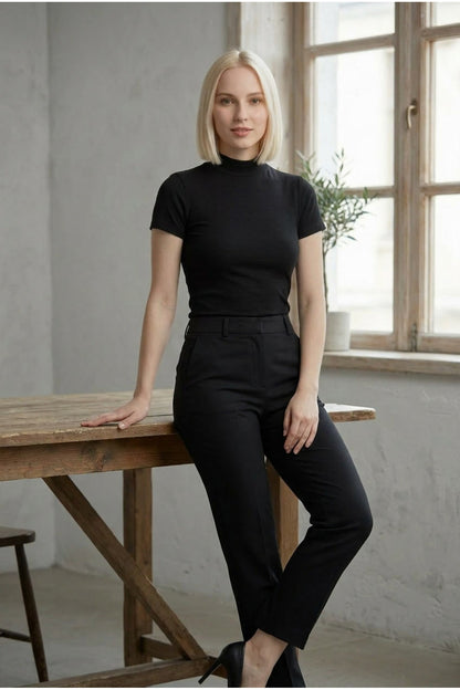 Kadın 2'li Paket Siyah Beyaz Pamuklu Yarım Balıkçı Yaka Kısa Kollu Basic Tişört Esnek Dik Yaka Likralı T-Shirt