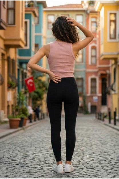 Kadın 2'li Paket Pamuklu Kaşkorse Kalın Askılı Bisiklet Yaka Önü Yazı Baskılı Esnek Dar Kesim Slim Fit Spor ve Günlük Atlet Seti - BEYAZ-PUDRA - Görsel 8