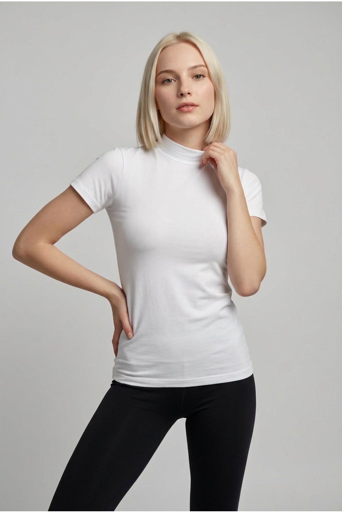 Kadın Pamuklu Yarım Balıkçı Yaka Kısa Kollu Basic Tişört Esnek Dik Yaka Günlük Şık Likralı T-Shirt Bluz