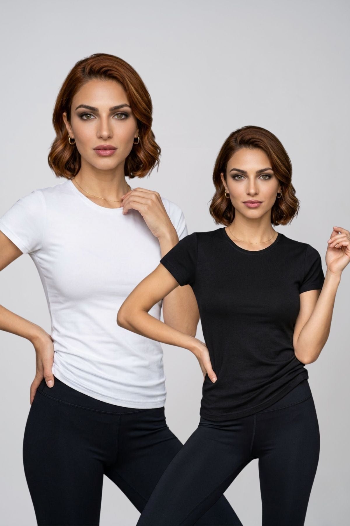 Kadın 2'li Paket Siyah Beyaz Bisiklet Yaka Kısa Kollu Pamuklu Basic Tişört Ekstra Esnek Vücudu Saran Rahat Günlük İkili T-Shirt Seti