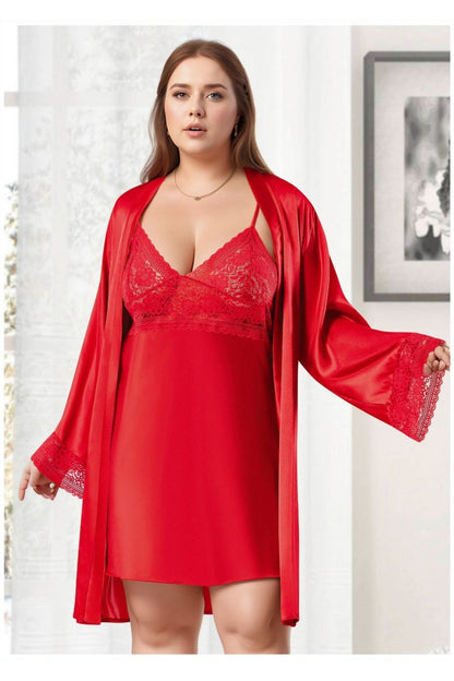 Büyük Beden Saten Gecelik Sabahlık Takımı - Kırmızı Dantelli 2'li Plus Size