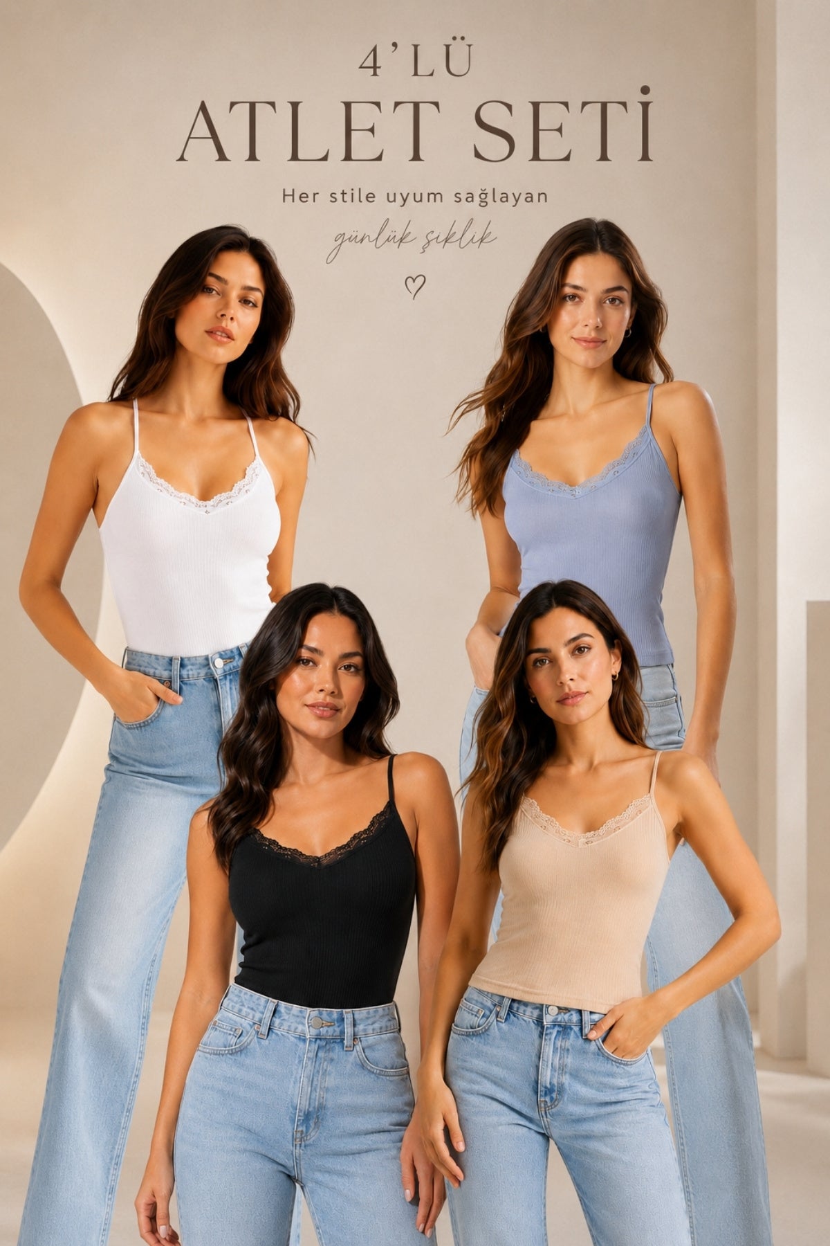 4'lü Paket Kadın Pamuklu İnce Askılı Dantel Detaylı Bisiklet Yaka Ribana Esnek Atlet Günlük Rahat İç Giyim Çoklu Set - SYH-BYZ-TN-Gİ - Görsel 1